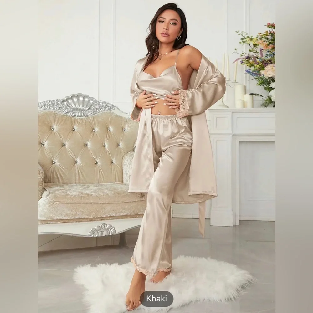 Cream/Khaki 3-piece Sets Silk Satin Cami Top & Pants With Robe Pajama Set - Picture 5 of 8